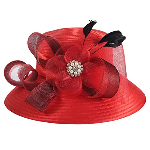Women Church Hats Derby Wedding Dress Satin Ribbon Hat - color: Sd704wd-red