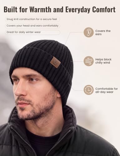 Durio Unisex Silk Lined Beanie Double Layered Winter Hats - color: Black