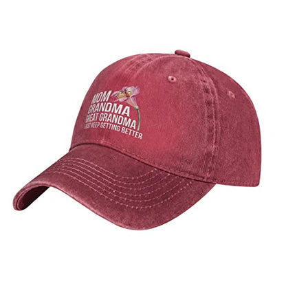 Mom Grandma Great Grandma, I Just Keep Getting Better Hat for Men Dad Hat Graphic Hat - color: Red