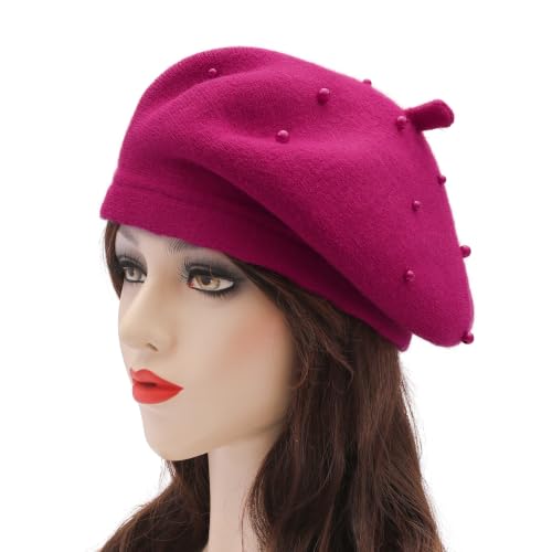 ZLYC Women French Beret Hat Winter Knitted Stretchable Beret Artist Cap - color: Pearls Hot Pink