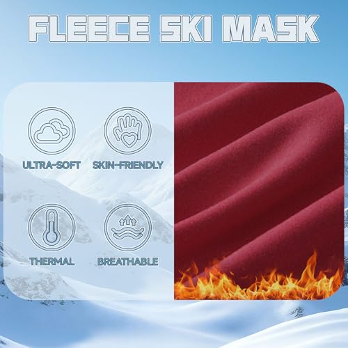 Balaclava Ski Mask for Men Women, Warm Fleece Face Mask Full Cover for Cold Weather Skiing Cycling, Ponytail Friendly - color: Red