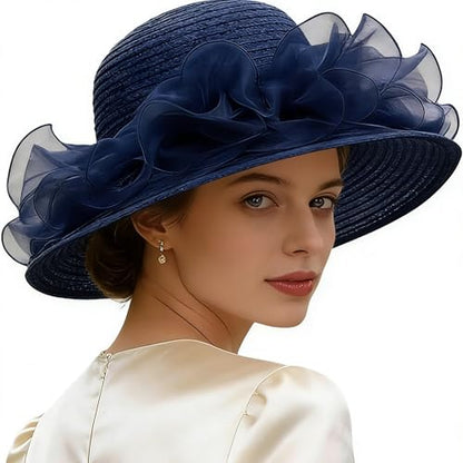 Organza Kentucky Fascinator Hat for Women - Derby Cocktail Tea Party Sun Hat Wedding Bridal Flower Church Hat Packable - color: Dark Navy
