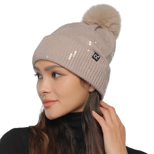 C.C Sequin Pom Beanie for Women - Acrylic Stretchable Soft Warm Knit Winter Skully Hat with Yarn Pom - color: Clear Sequin-lt. Taupe