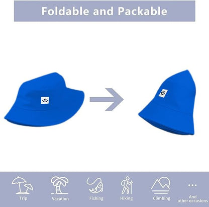 Kids Sun Hat Smile Face Bucket Hat for Girls Boys Summer Sun Protection Cotton Unisex Beach Cap - color: Sky Blue