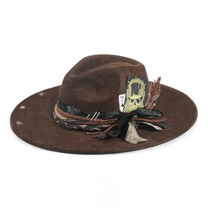 Wide Brim Fedora Hat for Men Women Retro Western Felt Hats - color: Brown