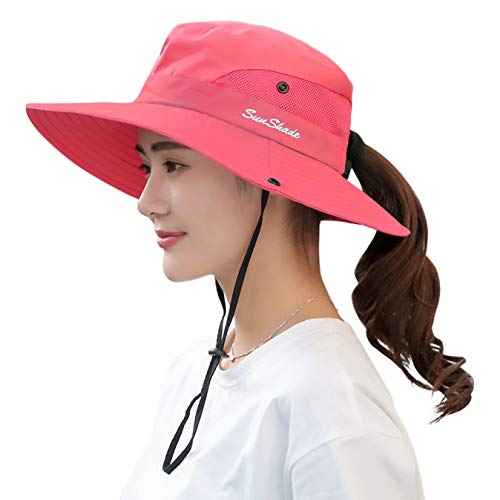 Muryobao Women's Ponytail Sun Hat UV Protection Foldable Mesh Wide Brim Beach Fishing Hat - color: Pure Watermelon Red