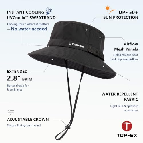 UVCoolix All-Day Comfort Bucket Sun Hat for Men Women,Lightweight Wide Brim UV Protection Boonie Outdoor,Beach,Golf - color: Black, size: Medium-Large