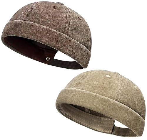 Initlove Docker Hat for Men Vintage Brimless Sailor Hat Beanie Cap - color: Coffee + Khaki