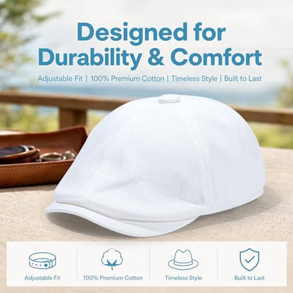 Men's Cotton Newsboy Flat Cap Adjustable Snapback Soft Fitted Hat Golf Cabbie Painter Gatsby Ivy Hat - color: White, size: Large