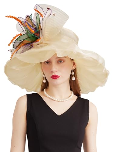 Women Derby Fascinator Hat Organza Church Wedding Hats Wide Brim Cocktail Tea Party Hat - color: 37apricot