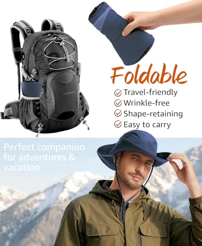 Wide Brim Sun Hat for Men Women, UPF 50+ Waterproof Packable Bucket Boonie Safari Fishing Hat - color: Navy