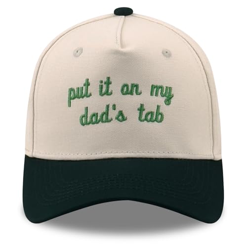 Funny Embroidered Trucker Hat, Vintage Two-Tone Cotton Baseball Cap for Men Women, Adjustable Dad Hat Gift Idea - color: Put It on My Dad's Tab, Dark Green/Beige