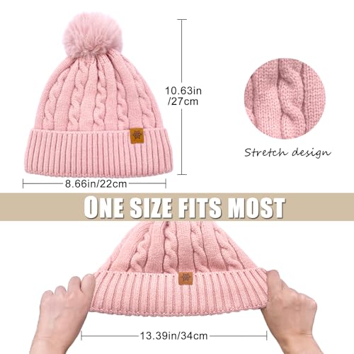 Winter Beanie Hats for Women Pom Pom Wool Cable Knit Thermal Fleece Warm Faux Fur Beanies for Cold Weather - color: Pink