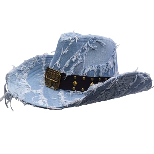 Western Cowboy Hat for Man Women Classic Cowgirl with Buckle Belt Shapeable Wide Brim Outback Hat - color: Blue1