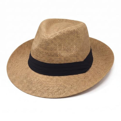 Men Women Summer Fedora Panama Hat Trilby Cuban Paper Straw Sun Hats Wide Brim with Black Band - color: Beige, size: Small-Medium