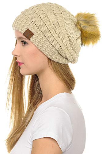 C.C Hat-43 Thick Warm Cap Hat Skully Faux Fur Pom Pom Cable Knit Beanie 2 Pack - color: Beige