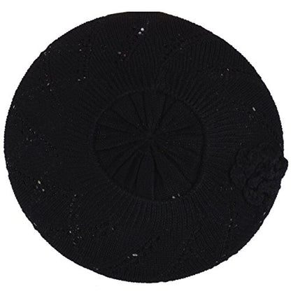 BYOS Chic Parisian Style Soft Lightweight Crochet Cutout Knit Beret Beanie Hat - color: 2-pack Swirl White & Black