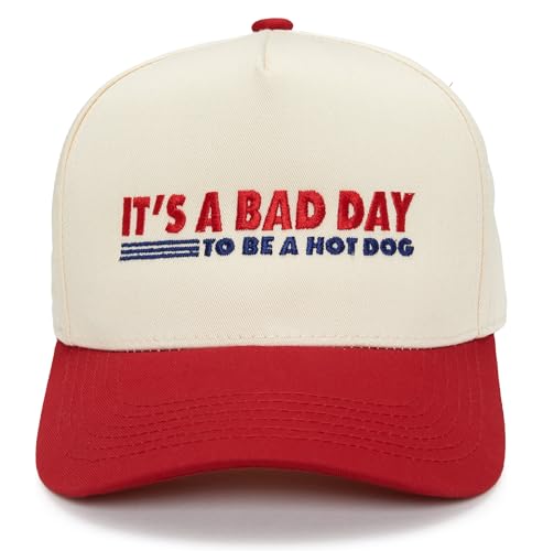 Funky Junque Adult Trucker Snapback Hat 2-Tone Baseball Cap - color: It's a Bad Day to Be a Hot Dog - Red/Beige