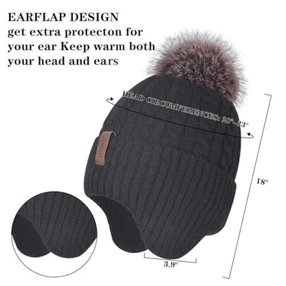 FENELY Women's Knitted Warm Beanie Winter Hat, Warm Chunky Snow Hat with Pompom - color: Black