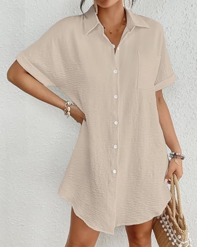Bsubseach Women Swimsuit Coverup Shirt Dress Button Down Bathing Suit Cover Up Beach Vacation Outfits - color: Beige, size: X-Small