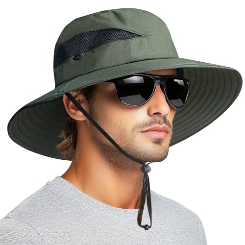 PFFY Sun Hats for Men Women Wide Brim Bucket Hat UPF 50+ Hiking Fishing Hat - color: Green (With Mesh)