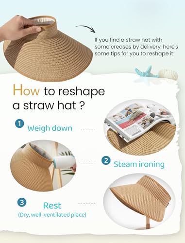 CHUNG Women Straw Sun Visors Wide Brim Ladies Beach Hat Open Top Ponytail Packable Vacation Summer Travel - color: E-black