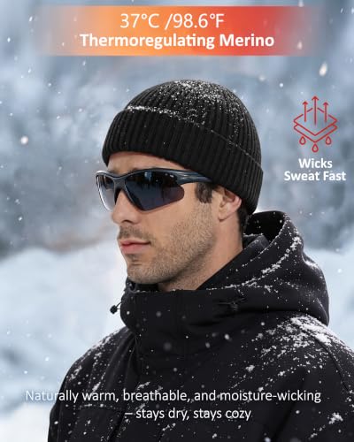 100% Merino Wool Fisherman Beanies for Men Winter Beanie Skull Cap - color: Black