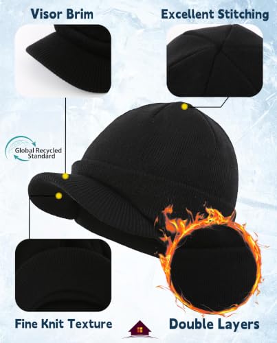 Home Prefer Men's Winter Beanie Hat with Brim Warm Double Knit Cuff Beanie Cap Watch Radar Hat - color: Black
