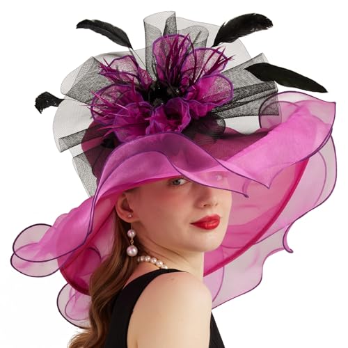 Women Organza Church Derby Hat Wide Brim Sun Caps for Wedding Tea Party Hat with Detachable hat Flower as Headgear - color: 11-rose Red