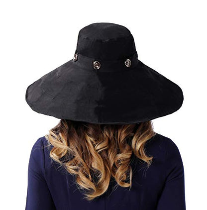 iHomey Packable Shapeable Extra Large Brim Floppy Sun Hat Reversible UPF 50+ Beach Sun Bucket Hat - color: Black-dot