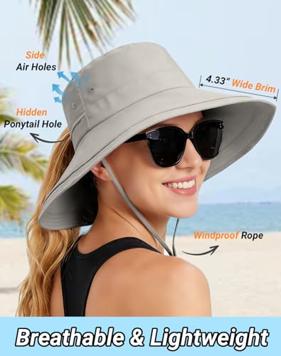 Rosoz Women Sun Hat with Ponytail Hole Wide Brim Bucket Hats UPF 50+ Beach Hiking Gardening Hat Water-Resistant Outdoot Hat - color: Light Grey