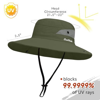 ZOORON Women's Ponytail Safari Sun Hat,Wide Brim UV Protection Bucket Hat - color: 1-puregreen/Arm Sleeves