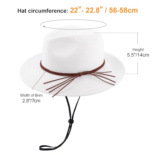 AQOKKA Summer Sun Hats for Women Straw Panama Hat with Wide Brim Roll Up Travel Fedora Beach Hat for Women Men UPF 50+ - color: Woven Rope : White
