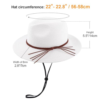 DRESHOW Women Straw Panama Hat Travel Fedora Beach Sun Hat Summer Wide Brim Straw Roll up Hat UPF 50+ - color: Straw Hat With Braided Band: White