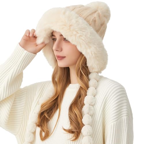 HUAMULAN Women Winter Sherpa Beanie Hats Knit Ear Flaps Fleece Lined - color: Beige With Braids