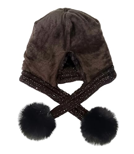 HUAMULAN Women Winter Sherpa Knit Beanie Hats with Pom Poms Ear Flaps - color: Black