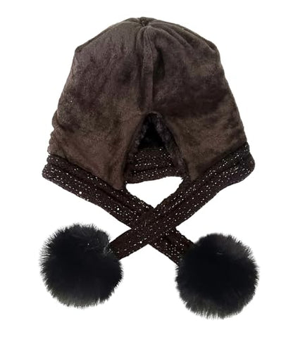 HUAMULAN Women Winter Sherpa Knit Beanie Hats with Pom Poms Ear Flaps - color: Black