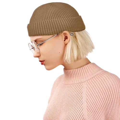 ROYBENS Swag Wool Knit Cuff Short Fisherman Beanie for Men Women Winter Hat - color: 1pcs-light Coffee
