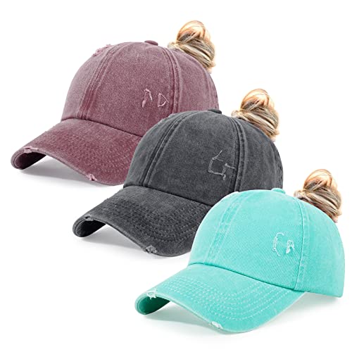HH HOFNEN Ponytail Hat for Women Washed Distressed Baseball Cap Ponycaps - color: #2 Black+blue+red