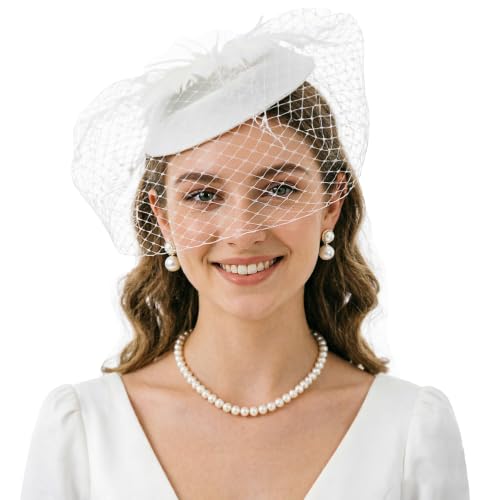 DRESHOW Fascinators Hat Feather Headband Women's Fascinators Tea Party Headwear with Clip Flower Head Band for Girls & Women - color: 6.25" / White