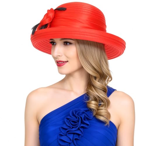Ruphedy Women Derby Church Dress Bucket Hat Fascinators Tea Party Wedding Hat - color: Sd702-red