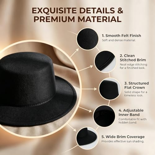 Black Flat Top Fedora Hat, Wool Blend Derby Cap Classic Formal Hat for Events & Daily Wear - color: Black