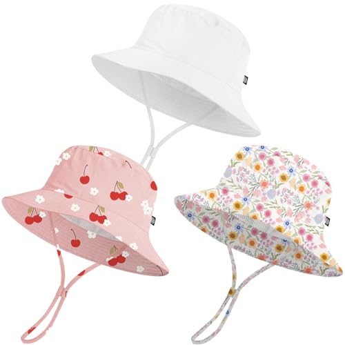 Toddler Bucket Hats UPF 50+ Baby Sun Hat Adjustable Kids Sun Protection Summer Hat Wide Brim Beach Hat for Boys Girls 0-6Y - color: White+flower+cherry, size: 0-6 Months