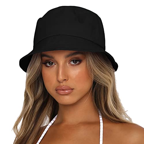 Bucket Hat for Women Men, Reversible Cotton Summer Sun Beach Cap Solid Color Style - color: A-black