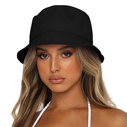 Bucket Hat for Women Men, Reversible Cotton Summer Sun Beach Cap Solid Color Style - color: A-black