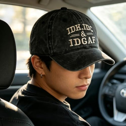 IDK IDC & Idgaf Hat Embroidered Hat, Humorous Funny Attitude Adjustable Distressed Baseball Dad Gift Hat - color: Idgaf Gray