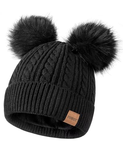 FISFET Beanies Women with Double Pom Pom, Winter Hats for Women Cold Weather Warm Knit Fleece Lined, Cute Beanie Cap - color: Black