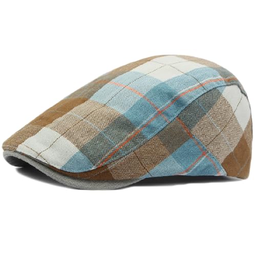 Mens Plaid Newsboy Flat Cap Ivy Gatsby Driving Hunting Cabbie Hat - color: Khaki-plaid a