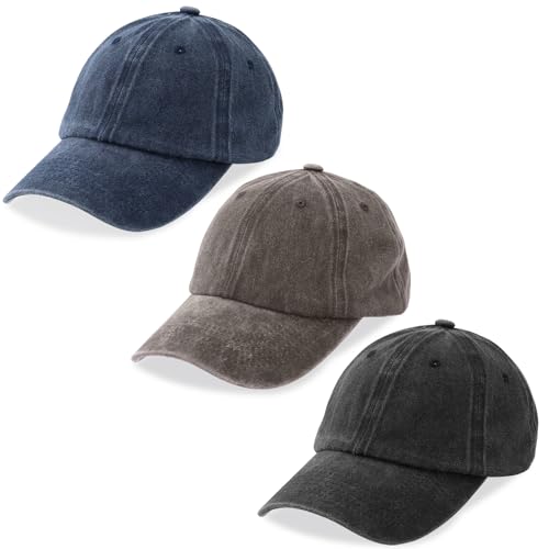 MEINICY 3 Packs Washed-Cotton Plain Baseball Cap, Adjustable Dad Hat - color: Black + Navy Blue+ Brown