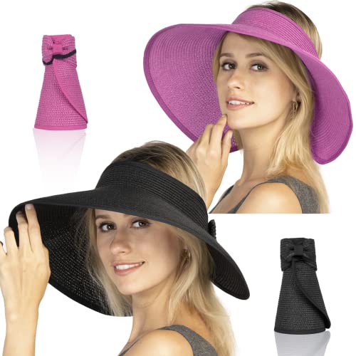 Women Sun Visors Foldable Straw Hats Summer Beach Packable Hat Floppy Wide Brim Cap Deep Style, Adjustable Size - color: Rose Red Black